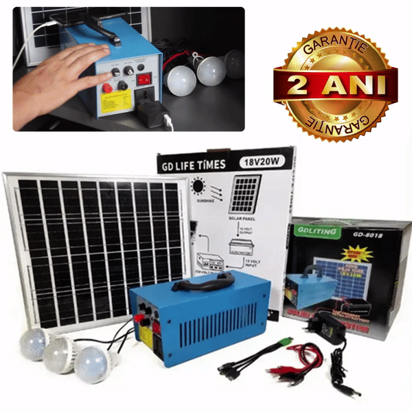 Sistem Fotovoltaic Profesional, 3 Becuri Puternice, Alimentare Aparate Casnice, Panou Solar 20W Inclus