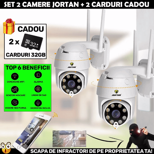 LICHIDARE STOC: SET 2 X Camera Smart Color Jortan Surveillance2® Wifi, IP Vizualizare Live Prin Aplicatie, Senzor de Miscare + 2 CARDURI CADOU