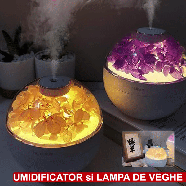Difuzor De Aromaterapie cu Flori Artificiale, Iluminare Alb Cald, Alb/Mov + 12 Uleiuri Esentiale CADOU
