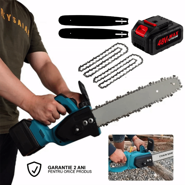 Drujba Electrica, Cu Sistem De Ungere, 14 Inch, Cu 2 x Lama Lunga De 35.5 cm + 2 x Lant + 1 x Acumulator, 48V
