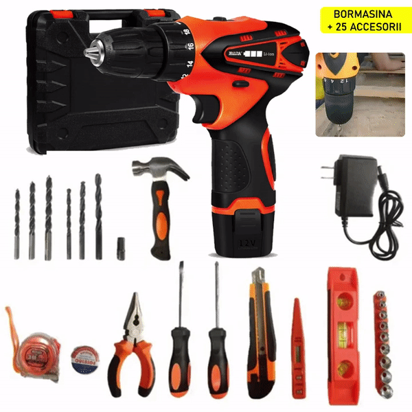 Bormasina Electrica cu 2 Acumulatori, 12V, 25 De Accesorii + Geanta De Transport CADOU