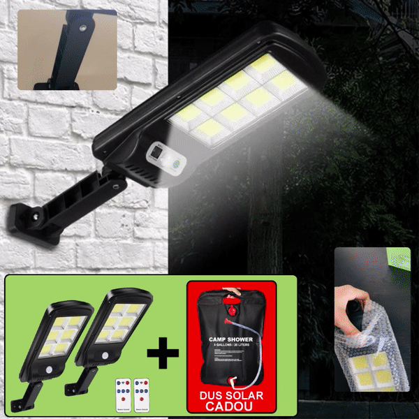 Set De 2 Lampi Solare, Cu Senzor De Miscare SI Telecomanda, 300W + CADOU Dus Solar 20 Litri