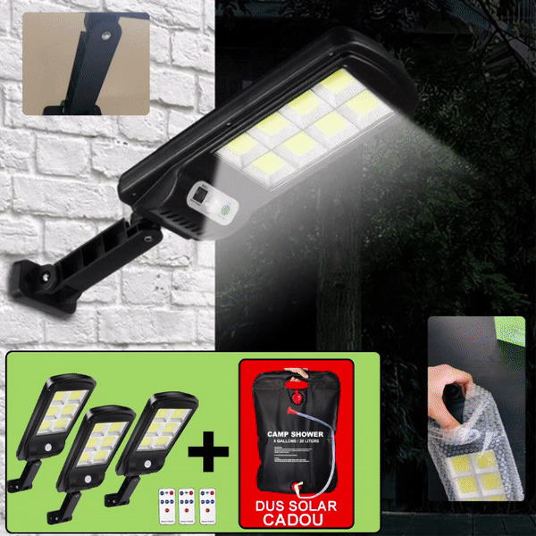 Set De 3 Lampi Solare, Cu Senzor De Miscare SI Telecomanda, 300W + CADOU Dus Solar 20 Litri
