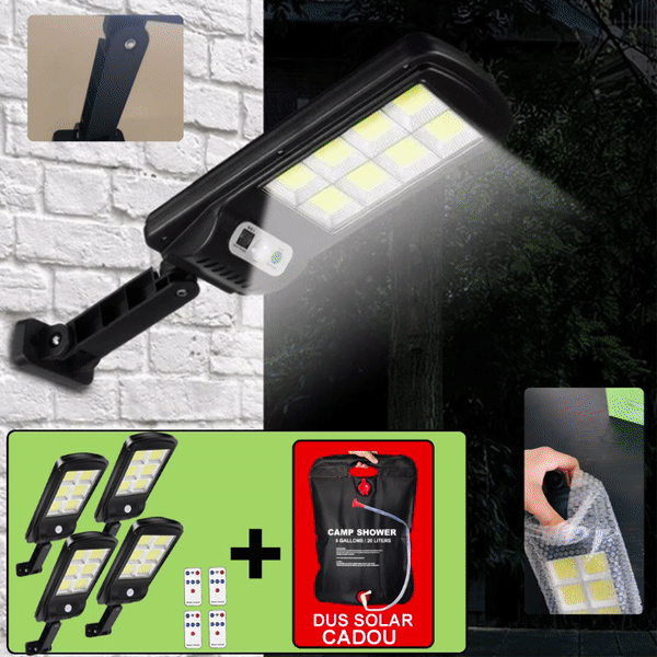 Set De 4 Lampi Solare, Cu Senzor De Miscare SI Telecomanda, 300W + CADOU Dus Solar 20 Litri