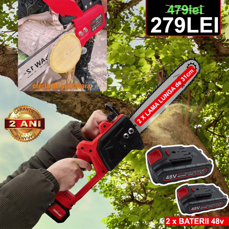 Drujba Electrica, Cu 2 x Lama 31 cm (12 INCH), 2 x Lant, 2 x Acumulator 48 V, Geanta De Transport CADOU