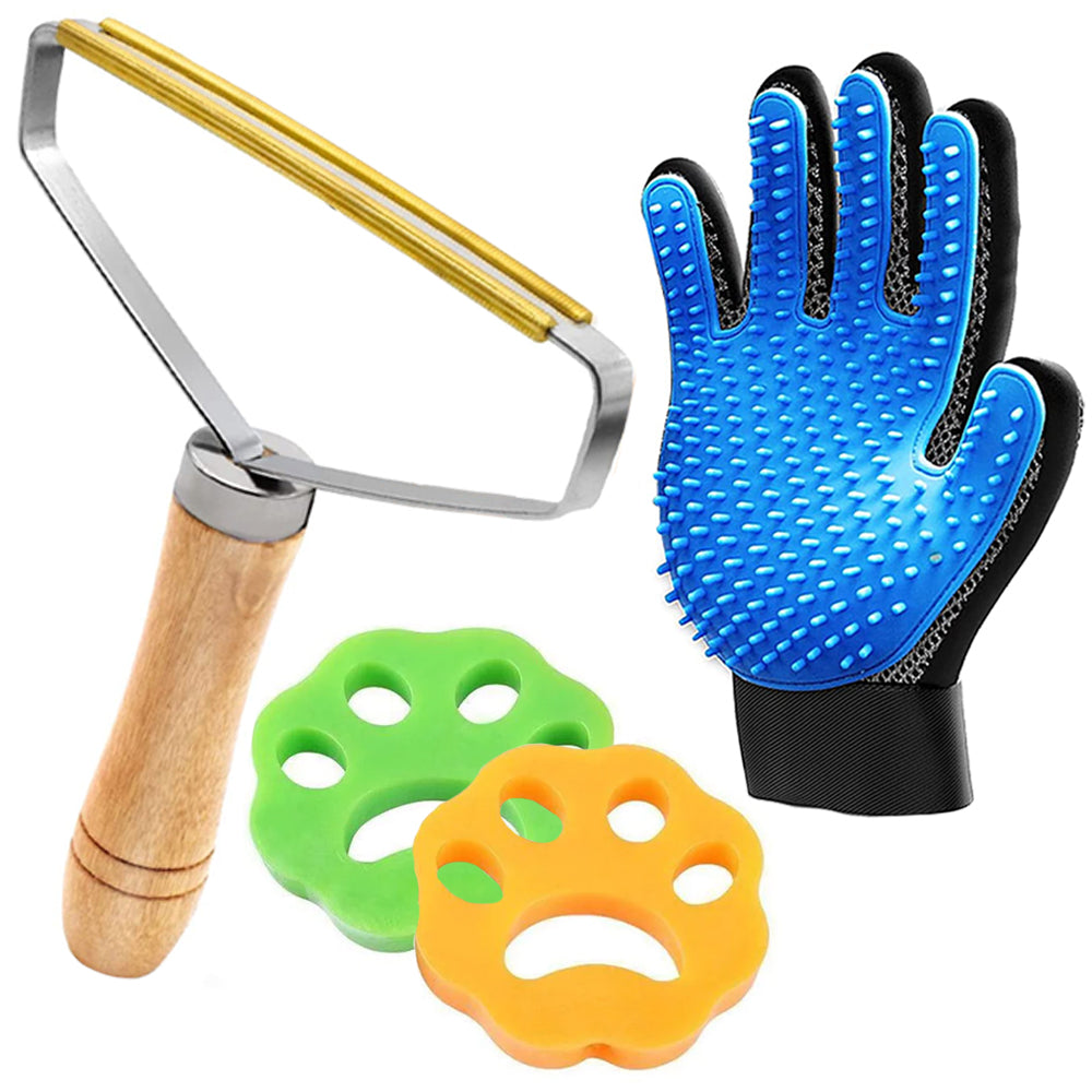 Set De 4 Accesorii Pentru Curatarea Scamelor Si Indepartarea Parului De Animale, Manusa, 2 Captatoare De Par Pentru Masina De Spalat, Perie Cu Zimti