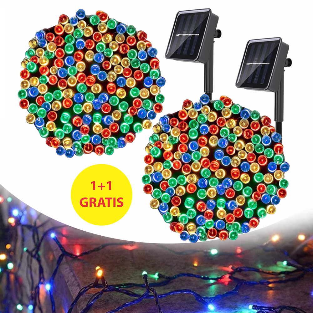 1+1 GRATIS; Instalatie De Craciun, Cu Incarcare Solara, 200 LED-uri Mari, Rezistenta La Intemperii, Multicolor, 20 m