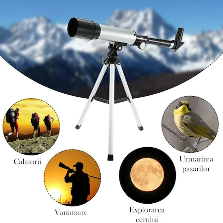 Telescop Astronomic Cu Trepied, Distanta Focala 360mm Si Prisme De 90°, Argintiu/Negru