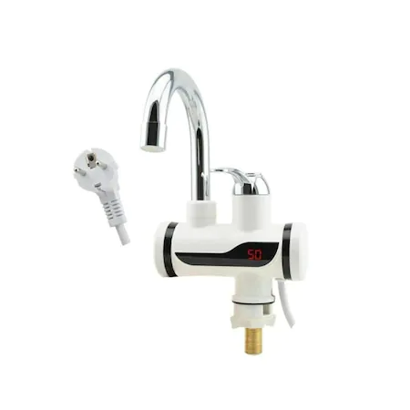 Robinet Electric Cu Dus, Pentru Incalzit Apa Instant, Cu Afisaj LED Al Temperaturii, Montare Pe Chiuveta, Putere 3000W, Alb