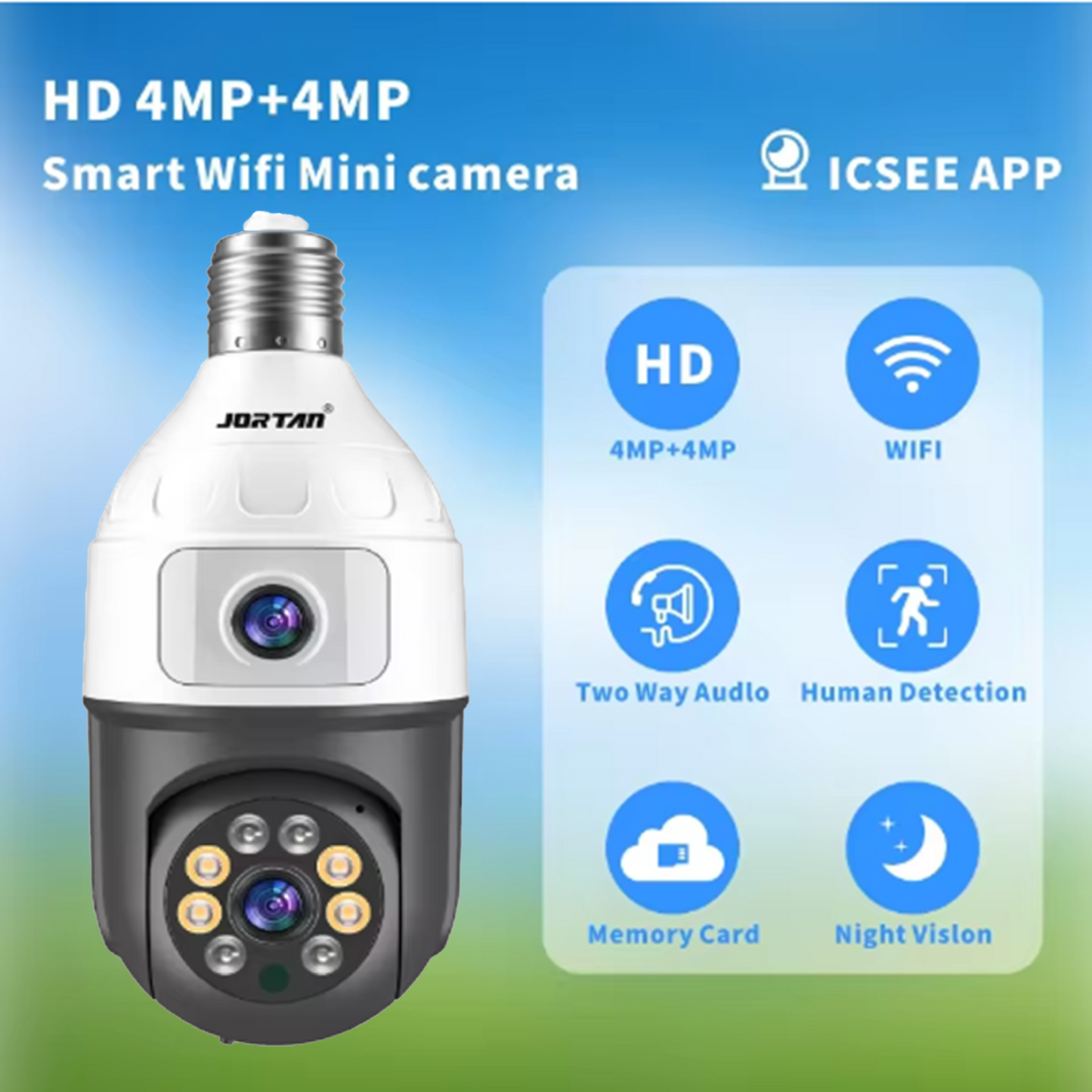 Camera Inteligenta De Supraveghere, cu 2 Lentile, Tip Bec, Conexiune Wifi, Aplicatie Telefon si Microfon Incorporat + Card 32GB Cadou