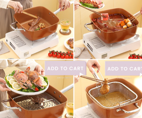 Tigaie Antiaderenta Multifunctionala, 5 Piese, Functie de Friteuza, Gatire La Aburi, 24 Cm + Capac
