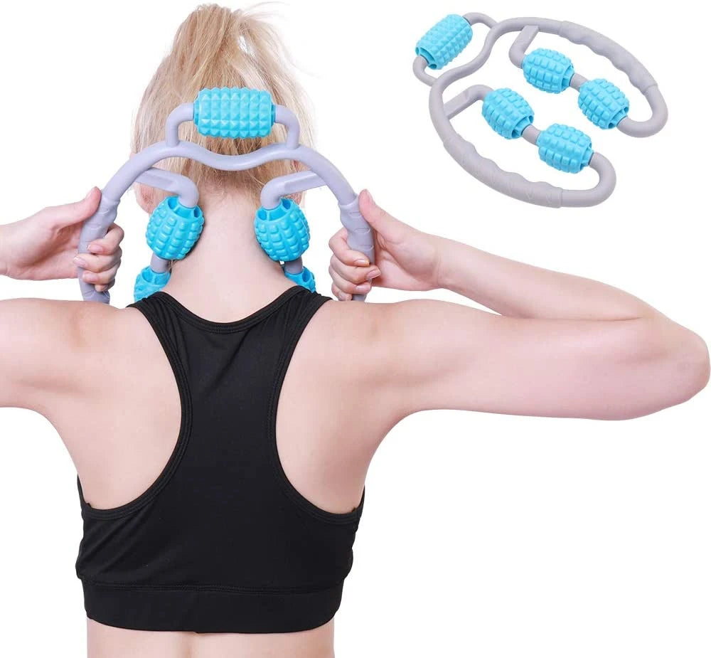 Aparat Manual Pentru Masaj Muscular, 5 Role, Brate, Umeri, Picioare, Solduri, Gri/Albastru + 10 plasturi Kinoki CADOU