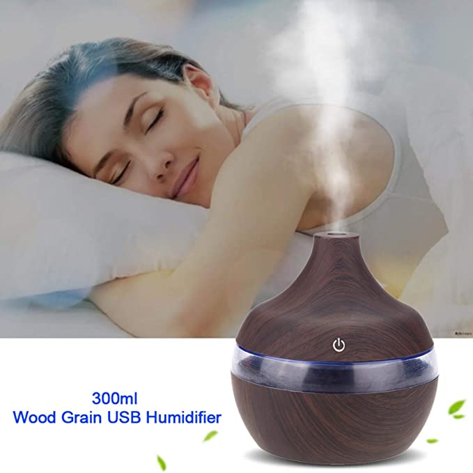 Difuzor Aromaterapie Cu Ultrasunete Si Umidificator Cu LED, 300 ml, Wenge + 12 uleiuri CADOU
