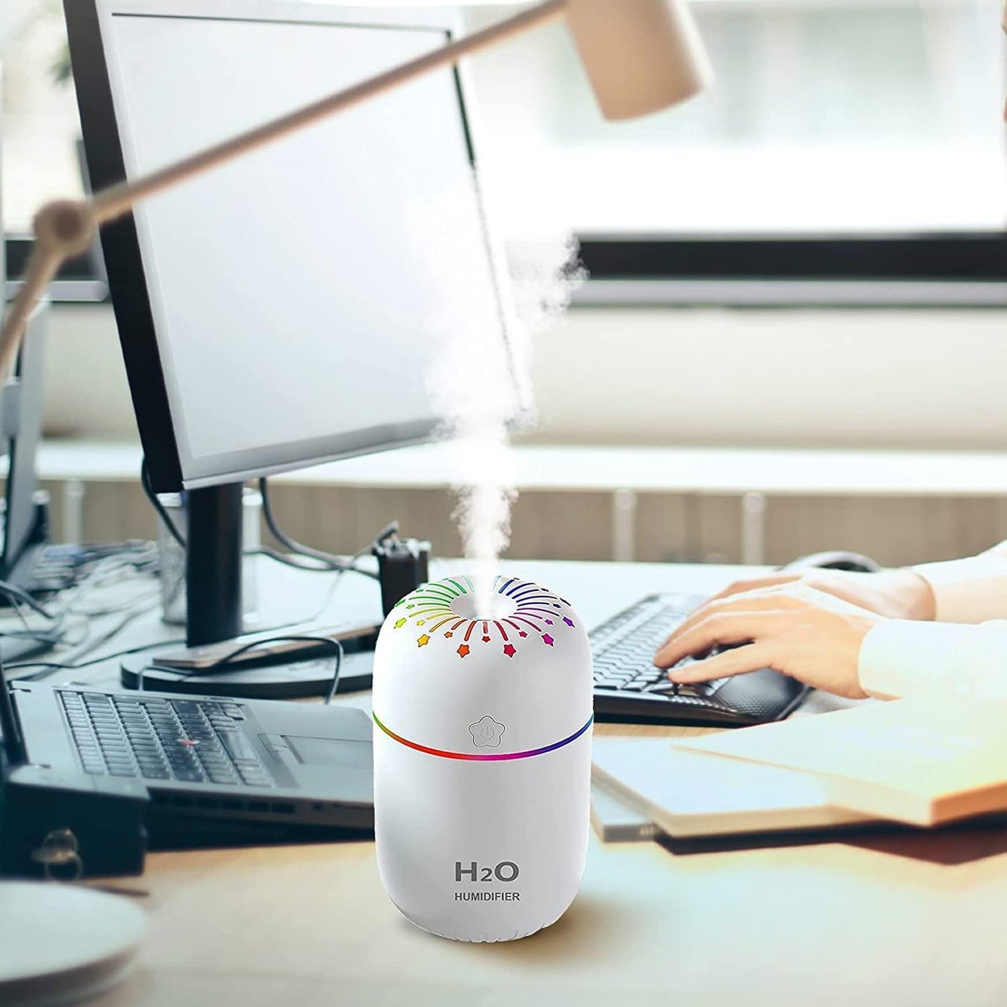 Mini Umidificator Aromaterapie, 3 in 1, Cu Iluminare LED, 7 Culori, 300 ml, 3 Culori+ 3 Uleiuri Esentiale