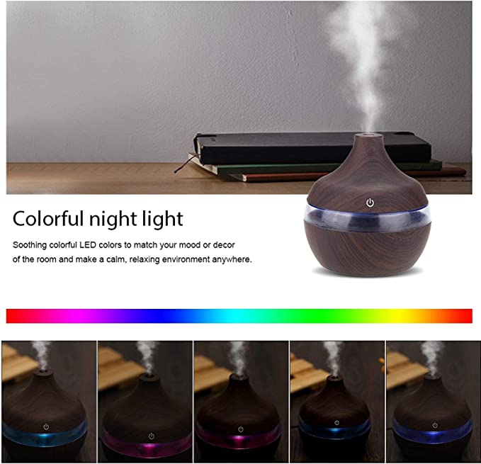 Difuzor Aromaterapie Cu Ultrasunete Si Umidificator Cu LED, 300 ml, Wenge + 12 uleiuri CADOU