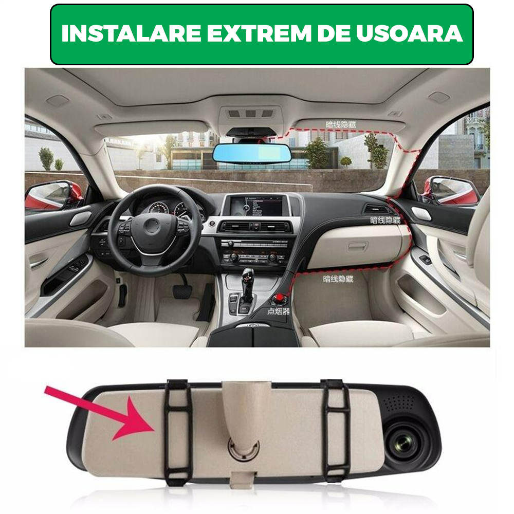 Oglinda Retrovizoare Cu Camera Video DVR Fata-Spate Pentru Monitorizare Trafic Full HD Cu G-Senzor Si Ecran 4.3 Inch