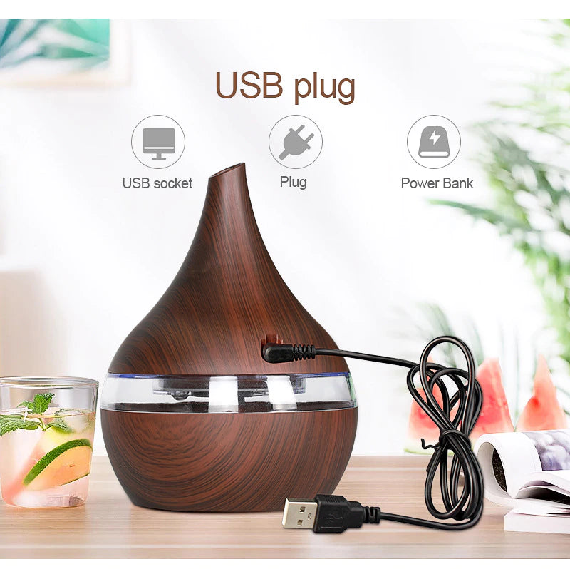 Difuzor aromaterapie , umidificator , lumini LED , capacitate 300 ml , cablu USB , lemn inchis + 3 uleiuri CADOU