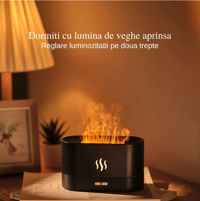 Difuzor Aromaterapie Ultrasonic - Efect Flacara, USB, Capacitate 180 ml, Negru