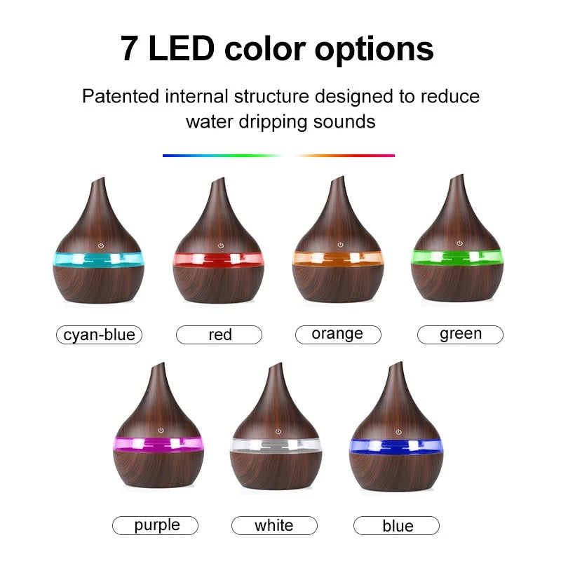 Difuzor aromaterapie , umidificator , lumini LED , capacitate 300 ml , cablu USB , lemn inchis + 3 uleiuri CADOU