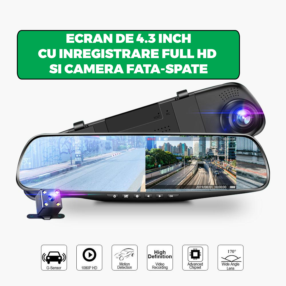 Oglinda Retrovizoare Cu Camera Video DVR Fata-Spate Pentru Monitorizare Trafic Full HD Cu G-Senzor Si Ecran 4.3 Inch