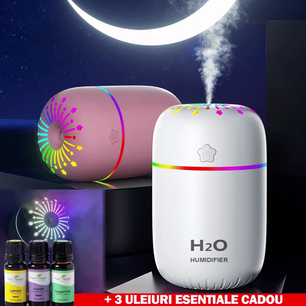 Mini Umidificator Aromaterapie, 3 in 1, Cu Iluminare LED, 7 Culori, 300 ml, 3 Culori+ 3 Uleiuri Esentiale