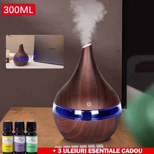 Difuzor aromaterapie , umidificator , lumini LED , capacitate 300 ml , cablu USB , lemn inchis + 3 uleiuri CADOU