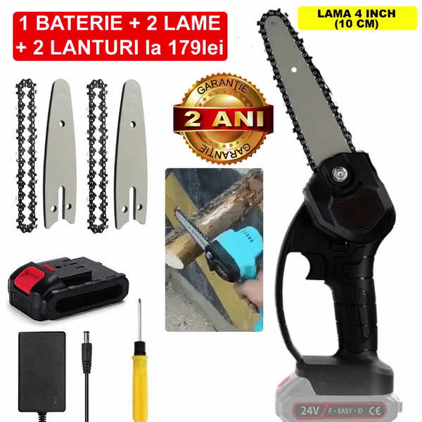 Pachet PROMO: Mini Fierastrau Electric Cu Acumulator 24V, 1x Baterie + 2x Lant + 2x Lama, 4 Inch + CADOU pila 25cm
