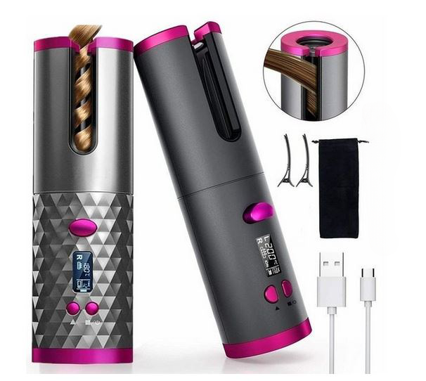 Ondulator Automat Fara Fir, Ceramic, Cu Afisaj LCD, Functie Power Bank, Temperatura Reglabila, Mov