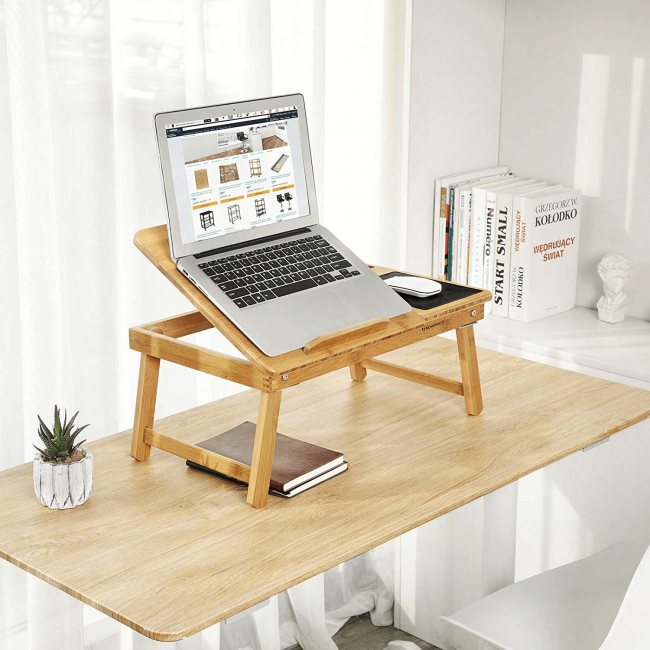 Masa Din Bambus Pentru Laptop, Pliabila, Cu Sertar Si Spatiu Pentru Mouse, Picioare Ajustabile
