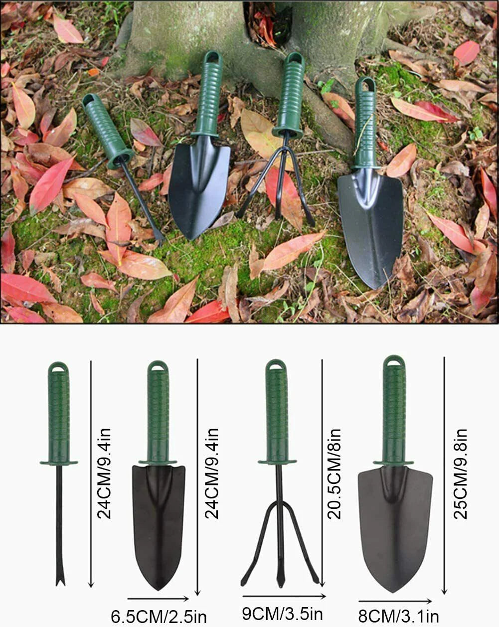 Set De 4 Instrumente Pentru Gradinarit, Doua Mini Lopeti, Un Mini Cultivator Si Un Dispozitiv Pentru Gaurit, Metal