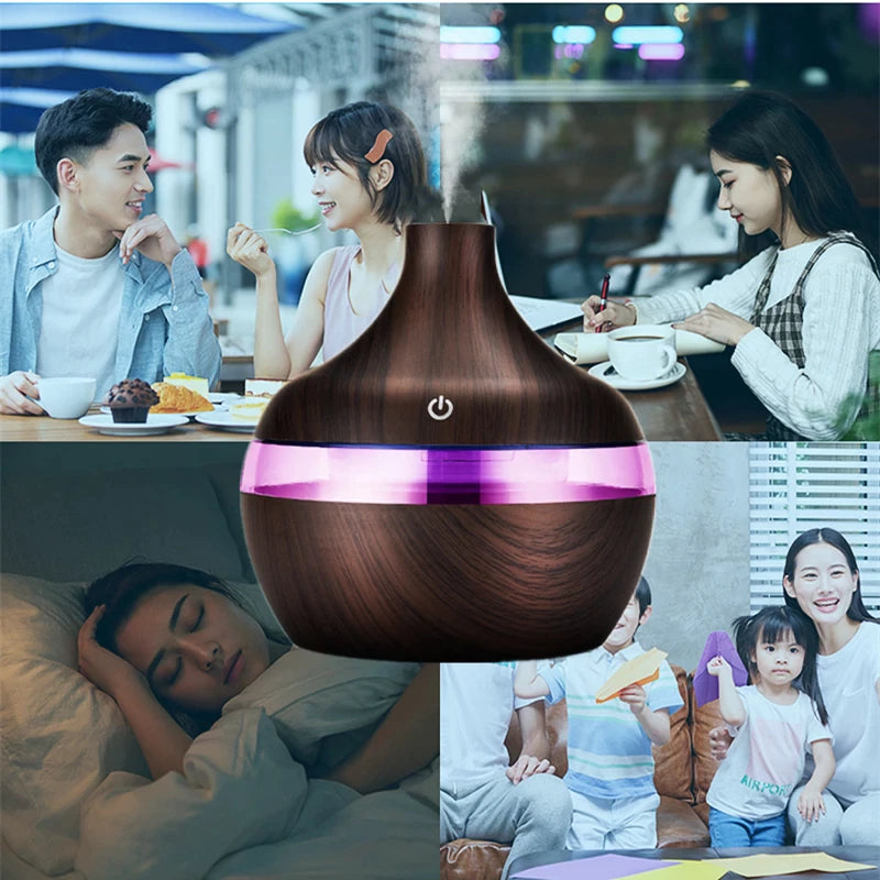 Difuzor Aromaterapie Cu Ultrasunete Si Umidificator Cu LED, 300 ml, Wenge + 12 uleiuri CADOU