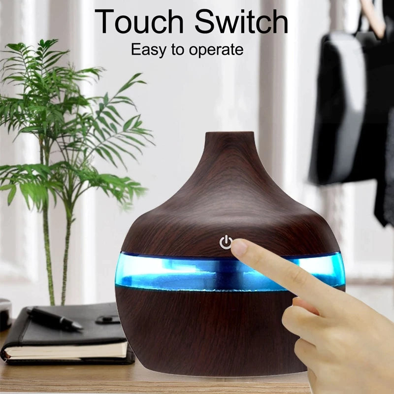 Difuzor Aromaterapie Cu Ultrasunete Si Umidificator Cu LED, 300 ml, Wenge + 12 uleiuri CADOU