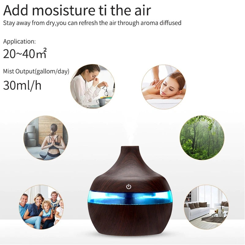 Difuzor Aromaterapie Cu Ultrasunete Si Umidificator Cu LED, 300 ml, Wenge + 12 uleiuri CADOU