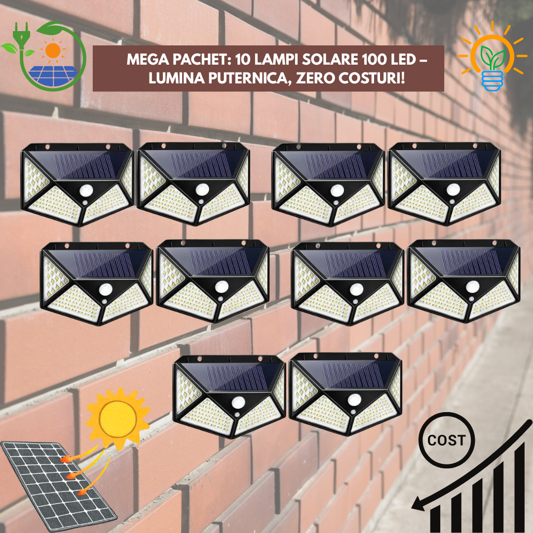 Mega Pachet: 10 Lampi Solare 100 LED – Lumina Puternica, ZERO Costuri!