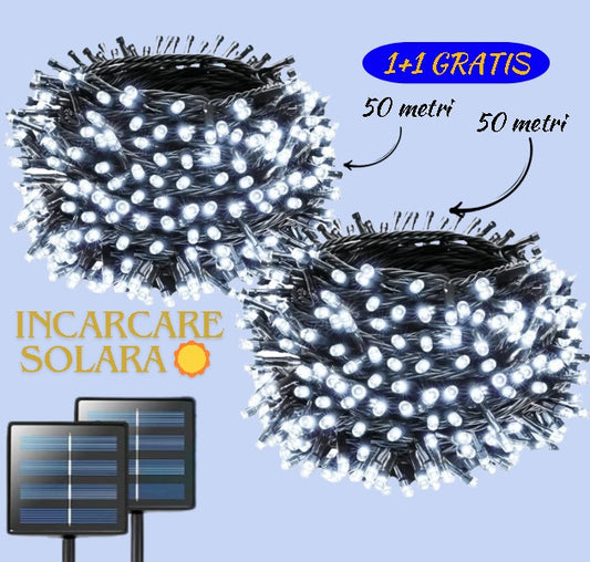 1+1 GRATIS Instalatie De Craciun, Cu Incarcare Solara, 500 LED-uri Mari, Alb Rece, 50m