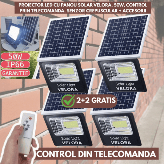 2+2 GRATIS - Proiector LED cu Panou Solar VELORA, 50W, Control Prin Telecomanda, Senzor Crepuscular + Accesorii +Lampa Solara 100x Led CADOU