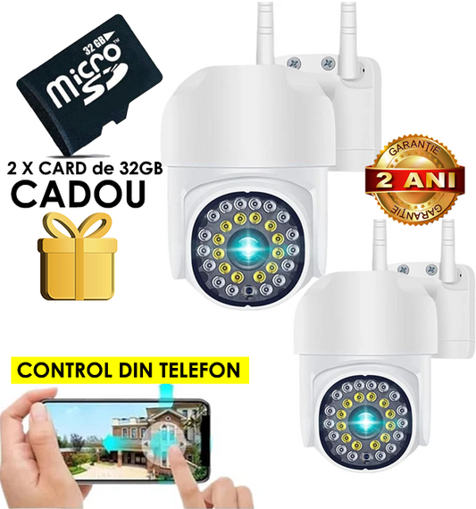 Set 2 Camere De Supraveghere Jortan JT8161QJ, Cu Senzor de Miscare, Conexiune Wifi, Vizualizare Live Pe Telefon + 2 Carduri 64 GB CADOU