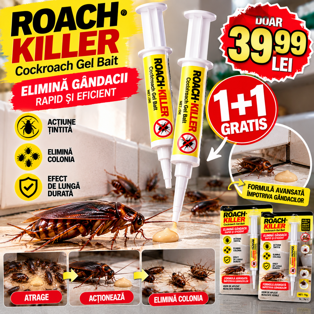1+1 GRATIS : Gel Anti-Gândaci cu Aplicator Tip Seringă, Acțiune Țintită, Aplicare Precisă pentru Casă