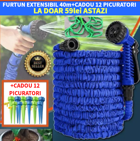 Pachet PROMO: Furtun Extensibil 40m + CADOU 12 Picuratori Pentru Udare Automata