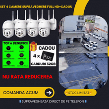 Set Promo: 4 Camere De Supraveghere Wifi Smart, Full HD, Senzor de Miscare, IP66, Aplicatie Telefon + 4 Carduri 64 GB+ EXTRA CADOU SURPRIZA