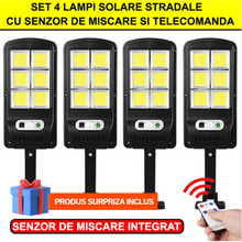Set 4 Lampi Solare ULTRA LED Stradale cu Senzor de Miscare si Telecomanda + Produs Surpriza