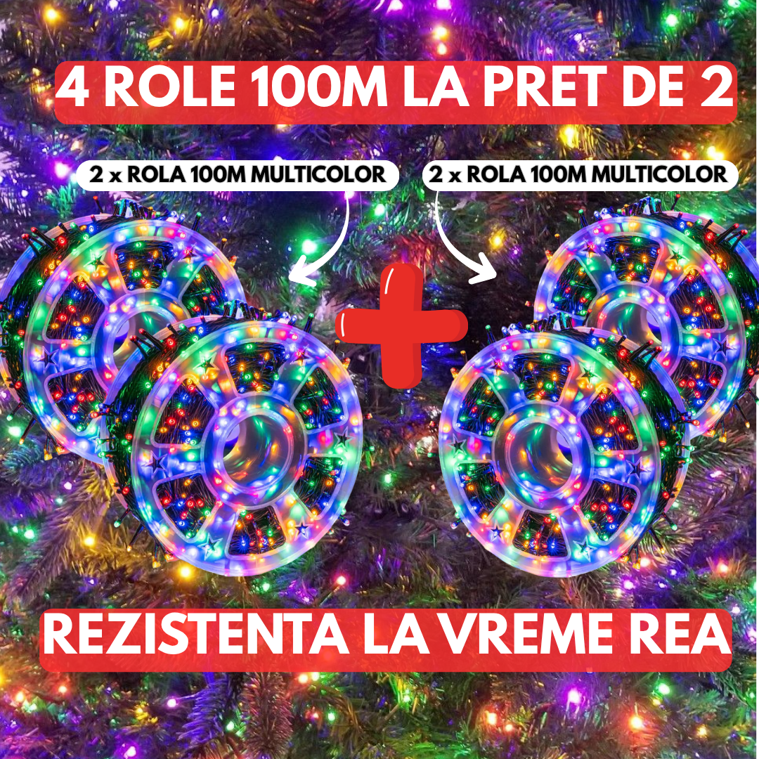 2+2 GRATIS: Instalatie De Craciun, Tip Rola, Cu 1000 LED-uri Mari, Interior sau Exterior, Rezistenta La Vreme Rea, 100 m, Multicolor