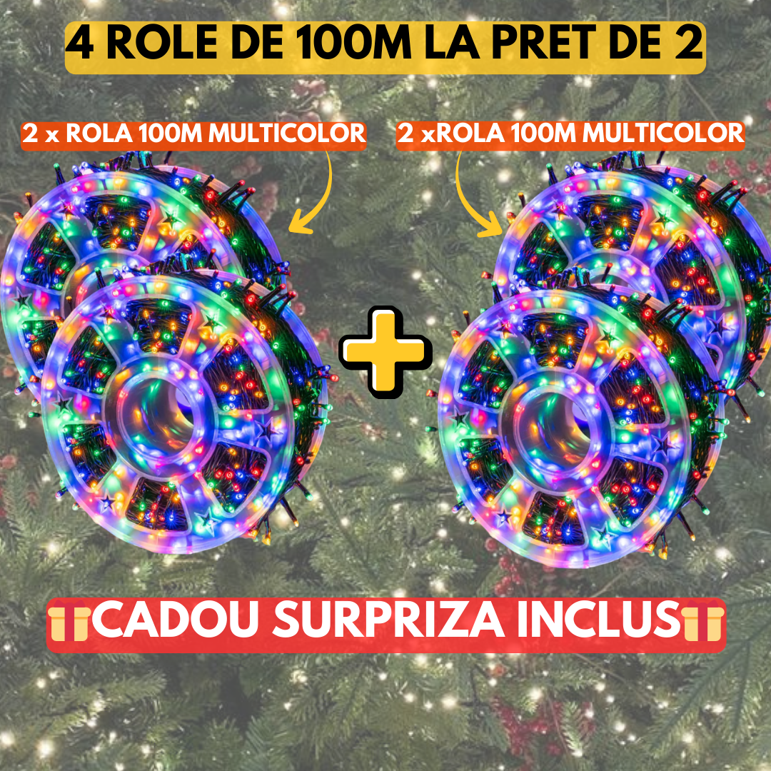 2+2 GRATIS: Instalatie De Craciun, Tip Rola, 100m Cu 1000 LED-uri Mari, Interior sau Exterior, Rezistenta La Vreme Rea, Multicolor, Total 400m Instalatie + Cadou Surpriza