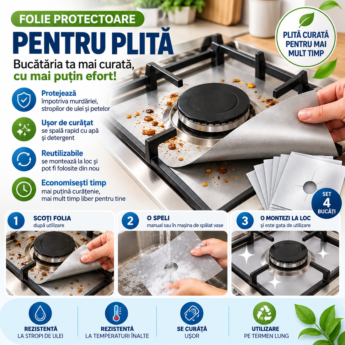 Set 4 Folii de Protecție Reutilizabile pentru Aragaz, Antiaderente, 27 × 27 cm