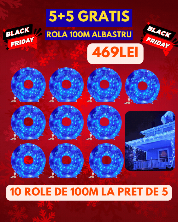 5+5 GRATIS: Instalatie De Craciun, Tip Rola, Cu 1000 LED-uri Mari, Interior sau Exterior, Rezistenta La Vreme Rea, 100 m, Albastru + Transport GRATUIT