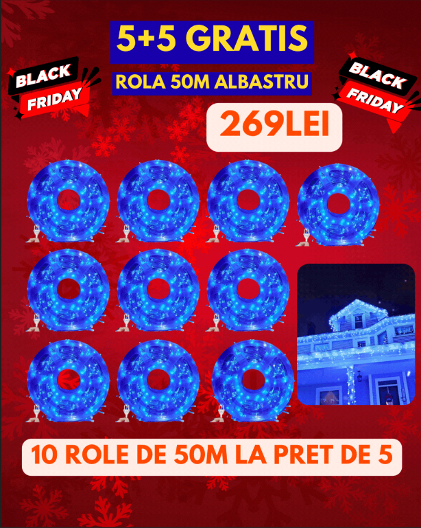 5+5 GRATIS: Instalatie De Craciun, Tip Rola, Cu 500 LED-uri Mari, Interior sau Exterior, Rezistenta La Vreme Rea, 50 m, Albastru Regal