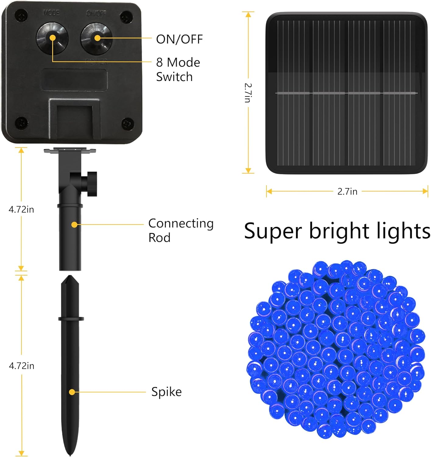 Instalatie De Craciun, Cu Incarcare Solara, 1000 LED-uri Mari, Albastru, 100 m Lungime