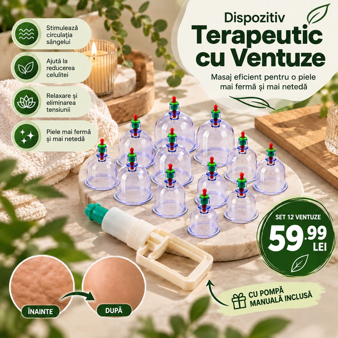 Set Terapeutic cu 12 Ventuze pentru Masaj cu Vacuum și Pompă Manuală -Relaxare, Îngrijire Corporală și Masaj Anticelulitic