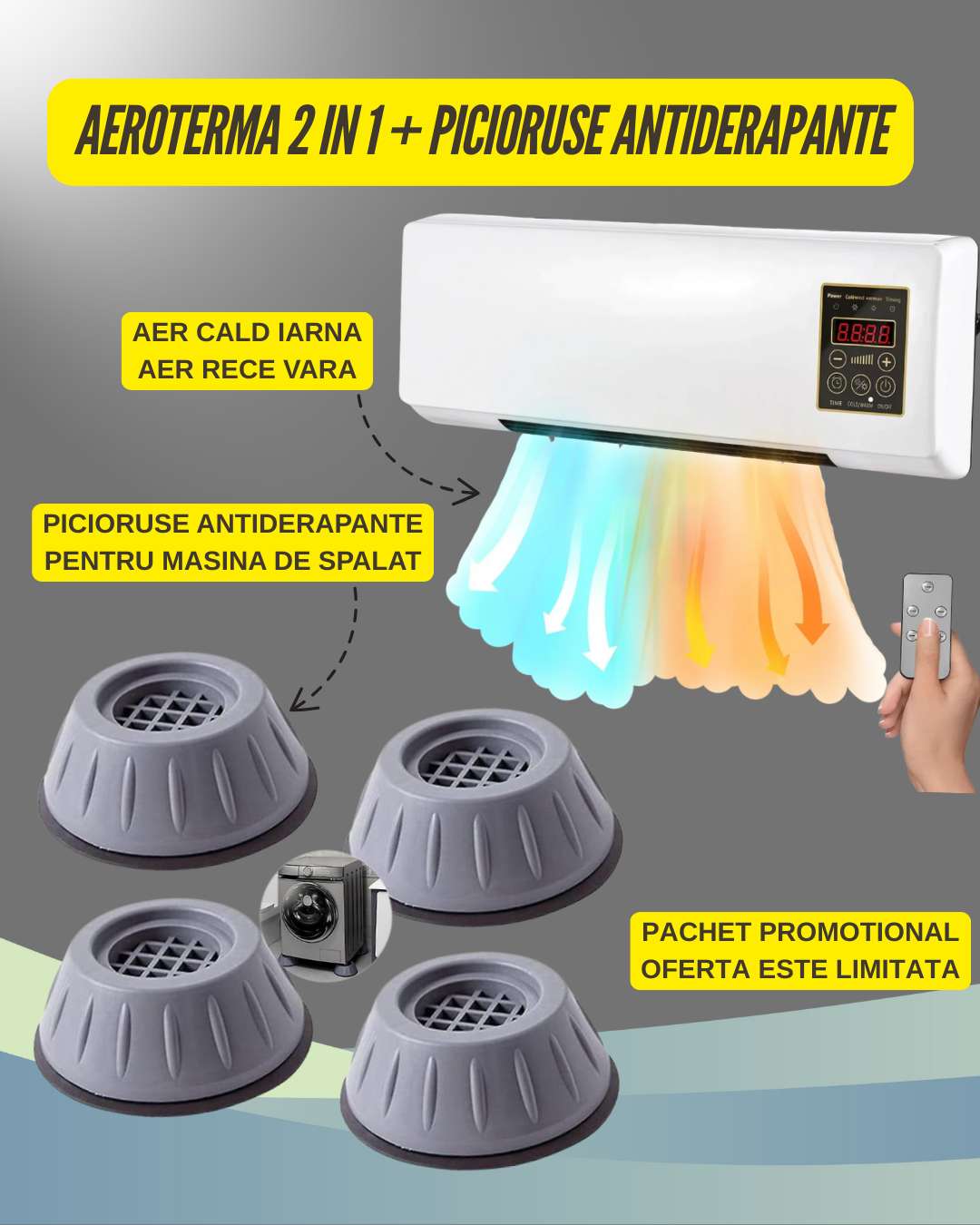 PACHET PROMO: Aeroterma 2 in 1 cu Aer Cald Iarna si Rece Vara cu Control din Telecomanda + Picioruse Antiderapante pentru Masina de Spalat