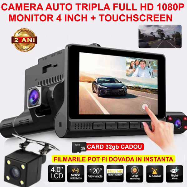 Camera auto TRIPLA Full HD cu monitor de 4 INCH pentru bord cu touchscreen si unghi larg de filmare de 170 grade